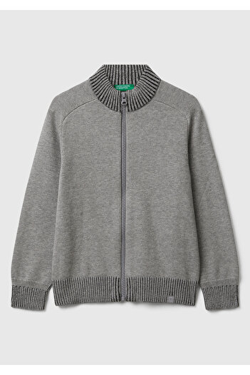 United Colors of Benetton Boy's Gray Melange Zippered Cardigan with Ribbed Detail