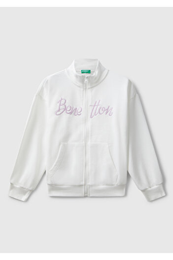 United Colors of Benetton Girl's Ecru Zippered Stand Collar Sweatshirt with Logo Embroidered Pockets on the Front