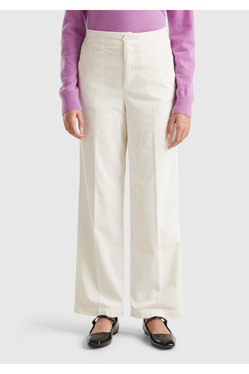 United Colors of Benetton Women's Cream Cotton Blended Wide Leg Velvet Trousers with Elastic Back Pockets