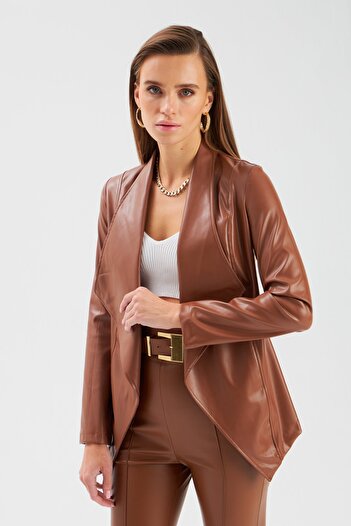 Sateen Wide Collar Leather Jacket - Brown