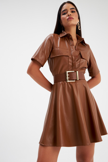 Sateen Flared Mini Leather Skirt - Brown