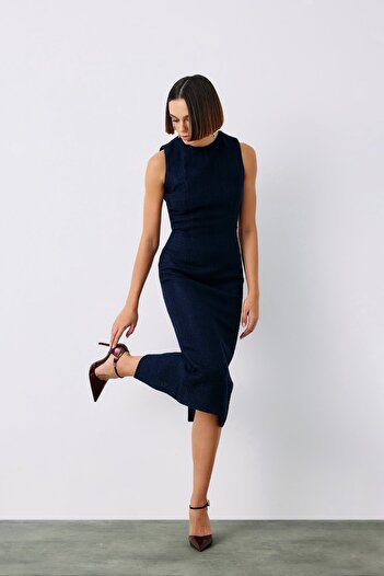 Sateen Sleeveless Long Tweed Dress - Navy Blue