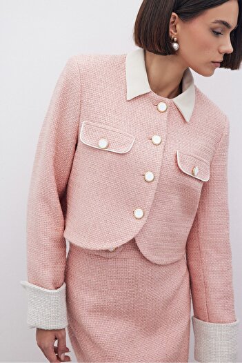Sateen Contrast Short Tweed Jacket - Powder