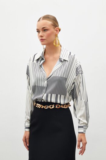 Sateen Black Striped Straight Shirt