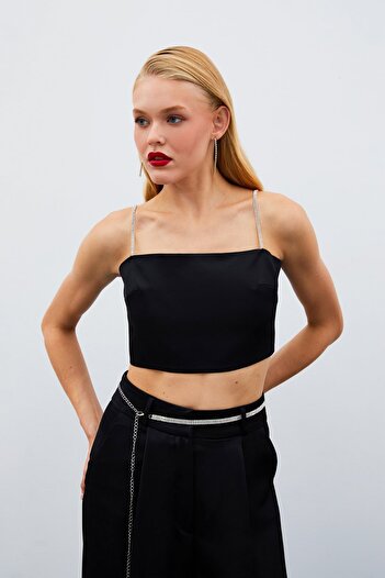 Sateen Satin Crop Blouse with Stone Straps - Black