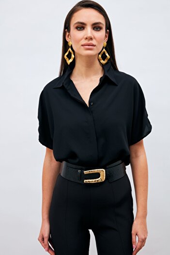 Sateen Casual Shirt with Sleeve Detail - Black