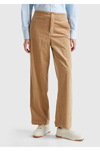 United Colors of Benetton Women's Tan Cotton Blend Wide Leg Velvet Trousers with Elastic Back and Pockets