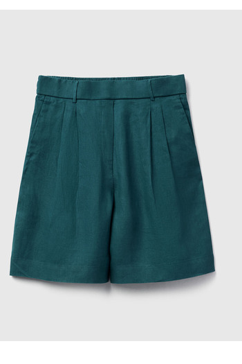United Colors of Benetton Women's Dark Green 100% Linen Pleated Relax Fit Bermuda Shorts with Elastic Waist at the Back