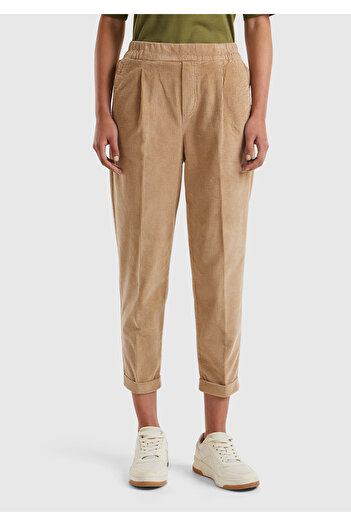 United Colors of Benetton Women's Brown Velvet Trousers with Elastic Waist