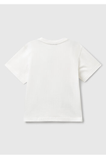 United Colors of Benetton Boy's Ecru Jersey T-Shirt with Colored Peanuts Print on the Front