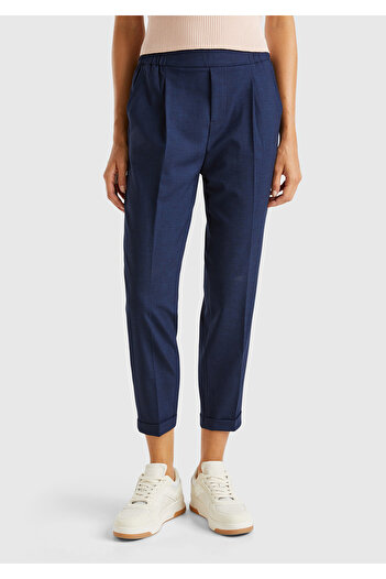 United Colors of Benetton Women's Navy Blue Viscose Blend Side and Back Gathered Curly Leg Trousers