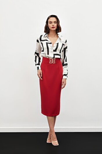 Sateen Red Pencil Skirt - Accessory Detailed