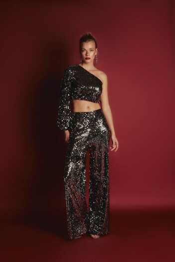 Sateen Wide Leg Sequined Trousers - Silver