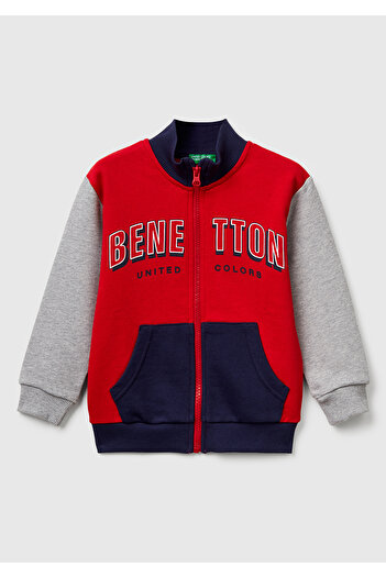 United Colors of Benetton Boy's Red-Grey Logo Detailed Front Zippered Ribbed Sweatshirt