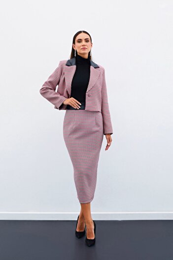 Sateen Houndstooth Midi Skirt - Fuchsia