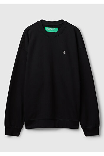 United Colors of Benetton Men's Black 100% Cotton Crew Neck Sweatshirt with Embroidered Logo on the Front