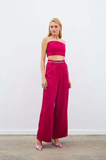 Sateen Taş Kemerli Saten Pantolon - Mercan
