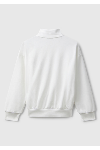 United Colors of Benetton Girl's Ecru Zippered Stand Collar Sweatshirt with Logo Embroidered Pockets on the Front