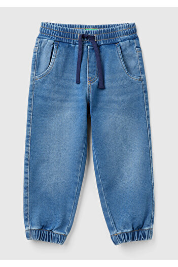 United Colors of Benetton Erkek Çocuk Mavi Arka Cebi Logolu Lastik Paça Ağartılmış Denim Pantolon