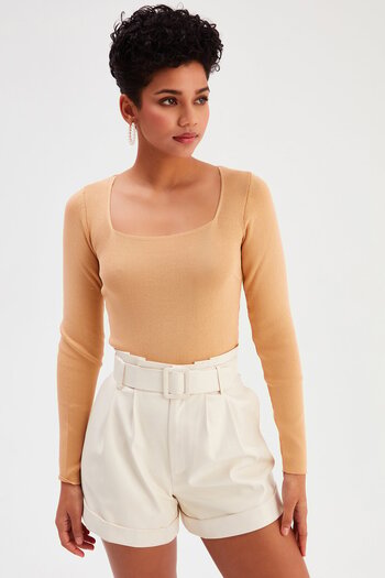 Sateen Kare Yaka Triko - Bisküvi