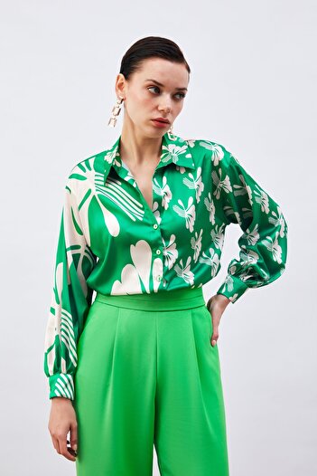Sateen Salaş Desenli Gömlek - Yeşil-Bej