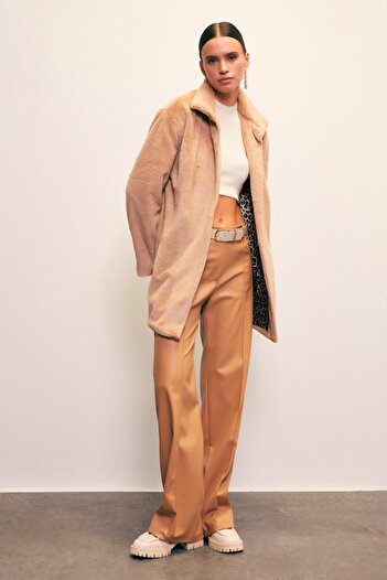 Sateen Leopard Lined Plush Coat - Mink