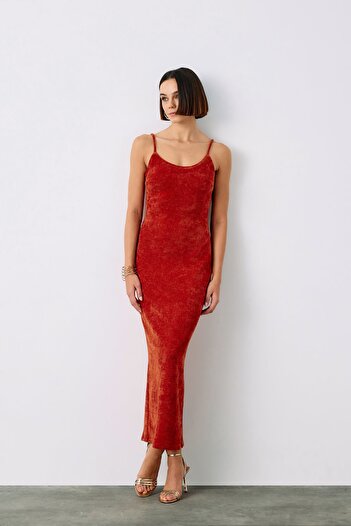 Sateen Crimson Color Midi Strap Velvet Dress