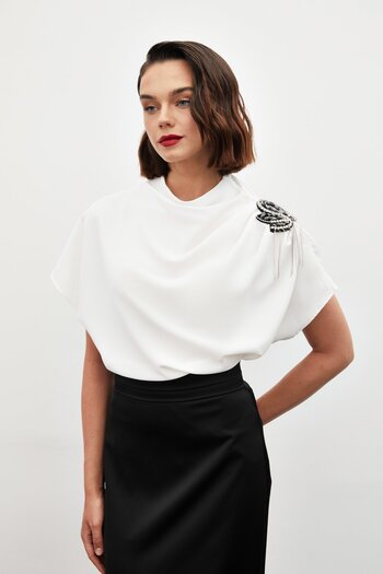 Sateen One Shoulder Casual Blouse with Accessories - Ecru
