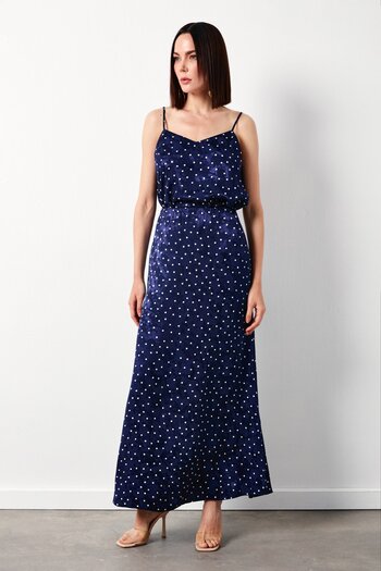 Sateen Navy Blue Long Skirt - Polka Dot Pattern