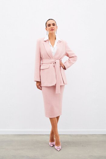 Sateen Midi Length Tweed Skirt - Powder