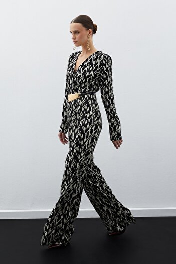 Sateen Black Satin Jumpsuit - Patterned