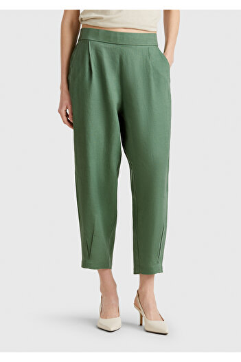 United Colors of Benetton Women's Light Green 100% Linen Elastic Back Waist Tight Leg Relax Fit Trousers
