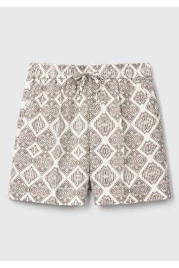 United Colors of Benetton Women's White Mix 100% Linen Patterned Shorts with Elastic Waist and Pockets