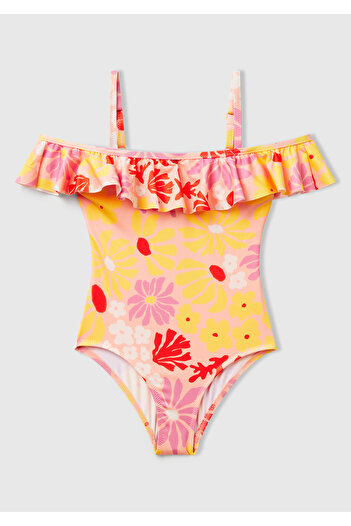 United Colors of Benetton Girl's Yellow Patterned and Ruffle Detailed Swimsuit