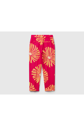 United Colors of Benetton Women's Fuchsia 100% Linen Patterned Elastic Waist Trousers
