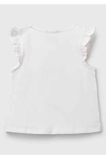 United Colors of Benetton Girl's White Mix Front Printed Pleated Sleeve T-Shirt