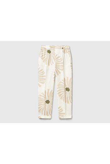 United Colors of Benetton Women's Cream 100% Linen Patterned Elastic Waist Trousers