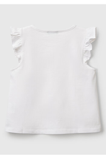 United Colors of Benetton Girl's White Front Printed Pleated Sleeve T-Shirt