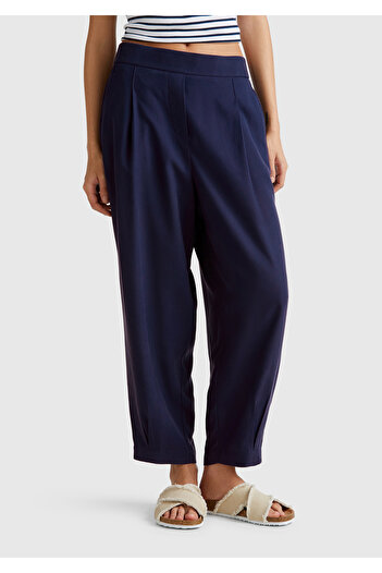 United Colors of Benetton Women's Navy Blue 100% Lyocell Balloon Fit Pants with Elastic Waist