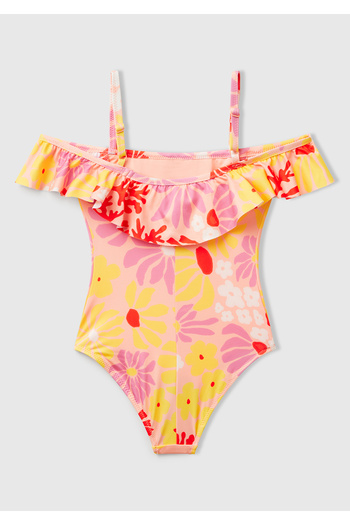 United Colors of Benetton Girl's Yellow Patterned and Ruffle Detailed Swimsuit