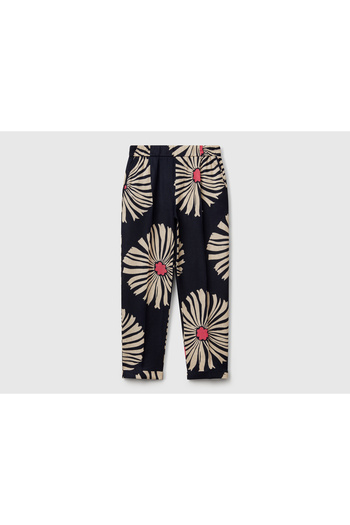 United Colors of Benetton Women's Navy Blue 100% Linen Patterned Elastic Waist Trousers
