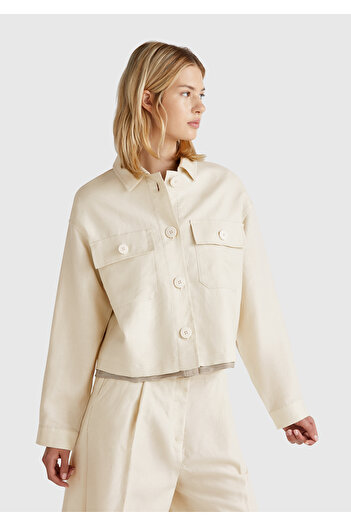 United Colors of Benetton Women's Stone Color Linen Blend Jacket
