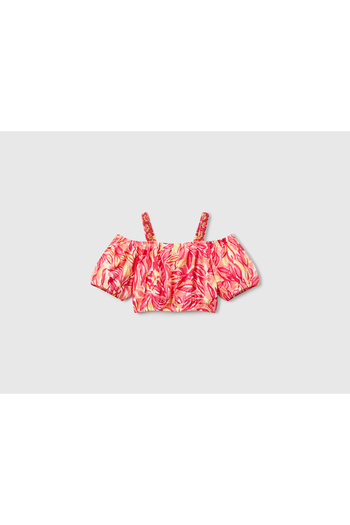 United Colors of Benetton Girl's Orange 100% Viscose Patterned Off-The-Shoulder Crop Top