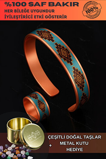 OSMANLI GÜMÜŞ Women's Copper Bracelet Ring Set - Lux Model Special Edition Metal Box and Quartz Stone