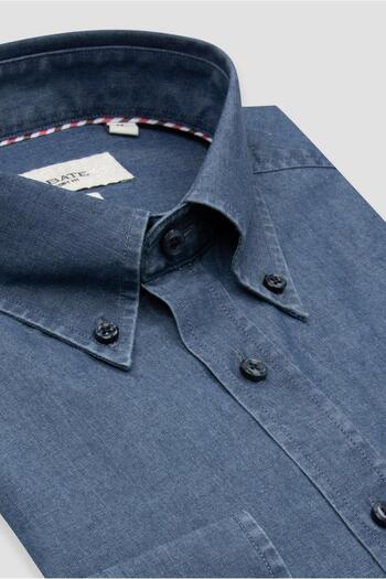 Abbate Matteo Denim Cotton Comfort Fit Navy Button Collar Men's Straight Shirt