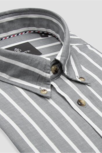 Abbate Alba Linen Cotton Linen Blended Comfort Fit Gray Button Collar Men's Striped Shirt