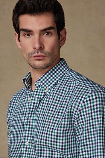 Abbate Ανδρικό καρό πουκάμισο Dante Poplin Cotton Comfort Fit με πράσινο γιακά με κουμπιά