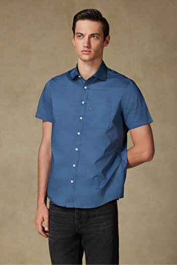 Abbate Vento Poplin Cotton Comfort Fit Navy Blue Classic Collar Men's Plain Shirt