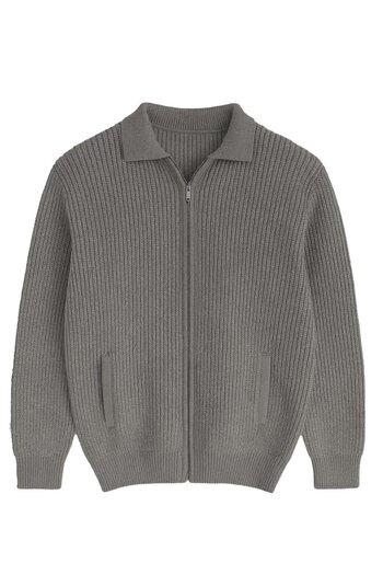 Valiberta Coppola Thessaloniki Knitted Polo Collar Zippered Comfortable Fit Men's Knitwear Cardigan with Pockets - Smoked