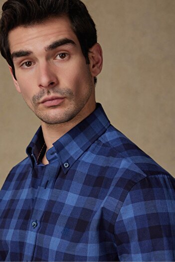 Abbate Ανδρικό καρό πουκάμισο Luca Twill Cotton Comfort Fit Navy Blue με κουμπιά και γιακά
